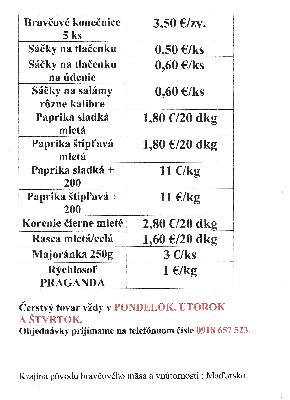 Cenník Zabíjačka 2025/2026